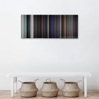Taking Lives color palette canvas above a white bench with three woven baskets