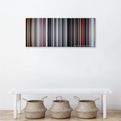 2001: A Space Odyssey color palette canvas above a white bench with three woven baskets