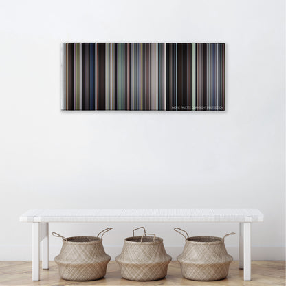 Arlington Road color palette canvas above a white bench with three woven baskets