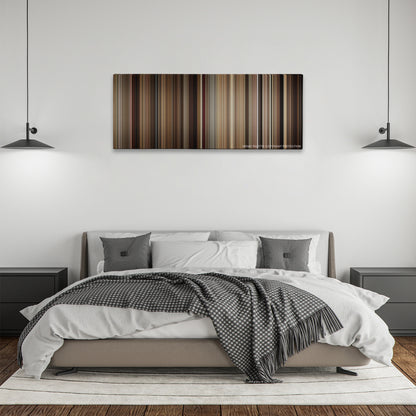 Chef color palette canvas above a bed, between two black pendant lamps