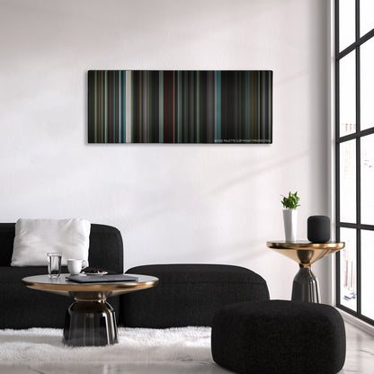 Nightcrawler color palette canvas above a black sofa with a gold-topped table