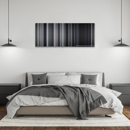The Babadook color palette canvas above a bed, between two black pendant lamps