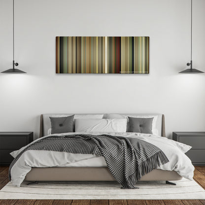 Revolutionary Road color palette canvas above a bed, between two black pendant lamps