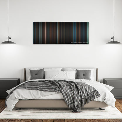 The Raven color palette canvas above a bed, between two black pendant lamps