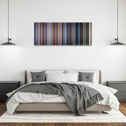 The Frighteners color palette canvas above a bed, between two black pendant lamps