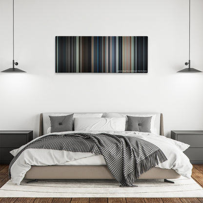 Addams Family Values color palette canvas above a bed, between two black pendant lamps
