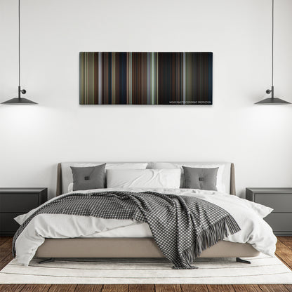 Pet Sematary color palette canvas above a bed, between two black pendant lamps