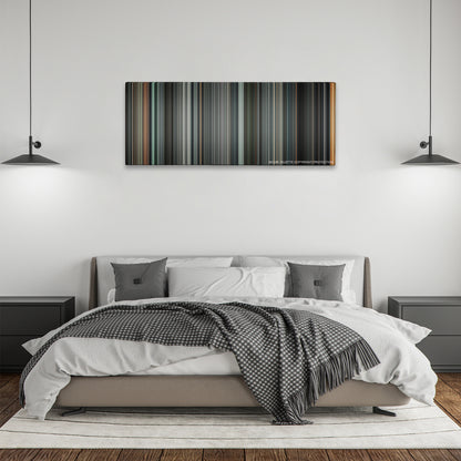 Death Race color palette canvas above a bed, between two black pendant lamps