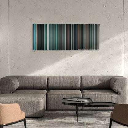 The Day the Earth Stood Still color palette canvas on a concrete wall above a gray sectional sofa