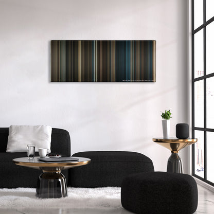 Sherlock Holmes: A Game of Shadows color palette canvas above a black sofa with a gold-topped table