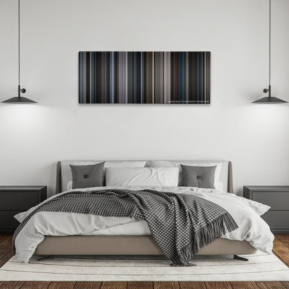 King Arthur: Legend of the Sword color palette canvas above a bed, between two black pendant lamps