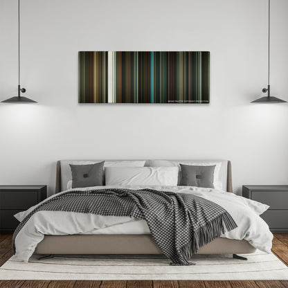 The Number 23 color palette canvas above a bed, between two black pendant lamps