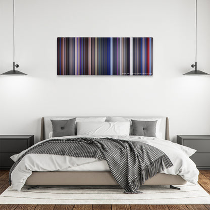 Star Trek: The Motion Picture color palette canvas above a bed, between two black pendant lamps