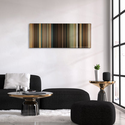 Indiana Jones and the Kingdom of the Crystal Skull color palette canvas above a black sofa with a gold-topped table