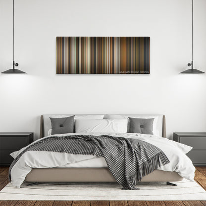 Hide and Seek color palette canvas above a bed, between two black pendant lamps