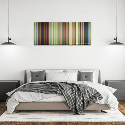 The Secret World of Arrietty color palette canvas above a bed, between two black pendant lamps