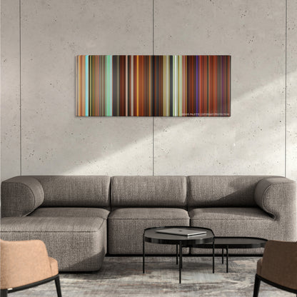 Madagascar 3: Europe's Most Wanted color palette canvas on a concrete wall above a gray sectional sofa