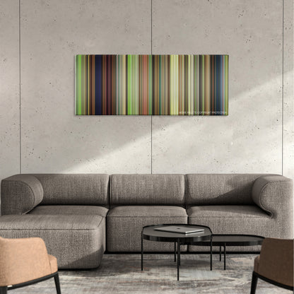 The Secret World of Arrietty color palette canvas on a concrete wall above a gray sectional sofa