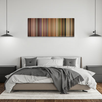 American Wedding color palette canvas above a bed, between two black pendant lamps