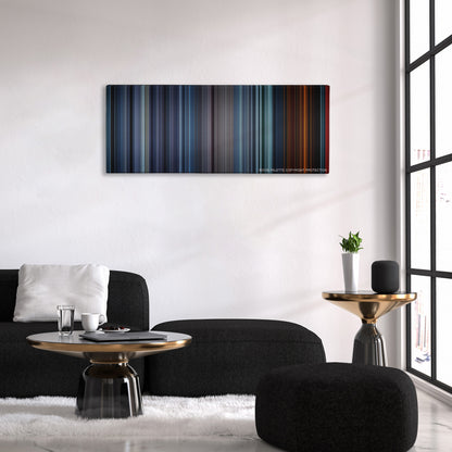 Fury color palette canvas above a black sofa with a gold-topped table