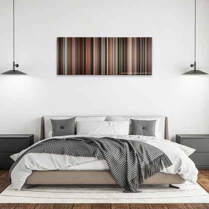 Frida color palette canvas above a bed, between two black pendant lamps