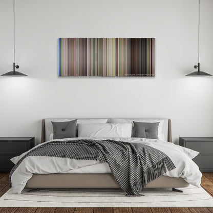 The Happening color palette canvas above a bed, between two black pendant lamps
