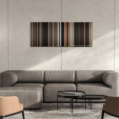 Sky Captain and the World of Tomorrow color palette canvas on a concrete wall above a gray sectional sofa