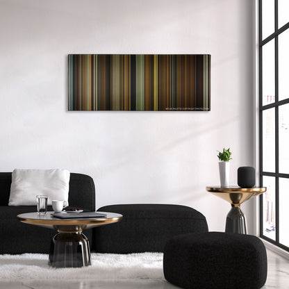 Split color palette canvas above a black sofa with a gold-topped table