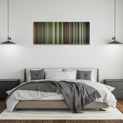 The Boy in the Striped Pajamas color palette canvas above a bed, between two black pendant lamps