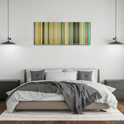 Transporter 2 color palette canvas above a bed, between two black pendant lamps