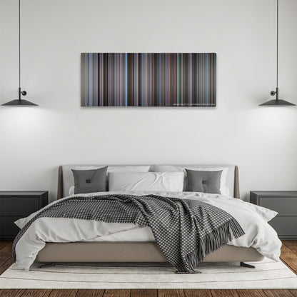 Mad Max color palette canvas above a bed, between two black pendant lamps