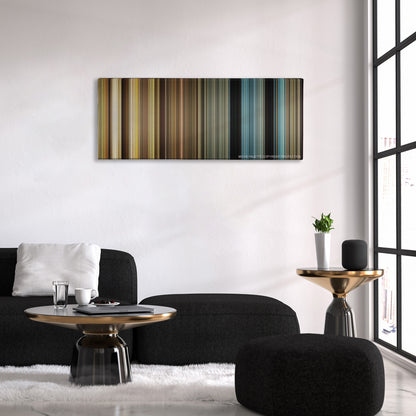 Hacksaw Ridge color palette canvas above a black sofa with a gold-topped table