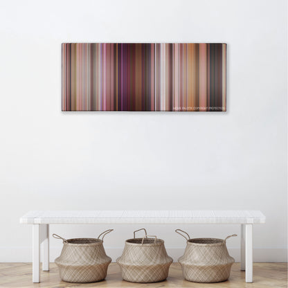 A Cinderella Story color palette canvas above a white bench with three woven baskets