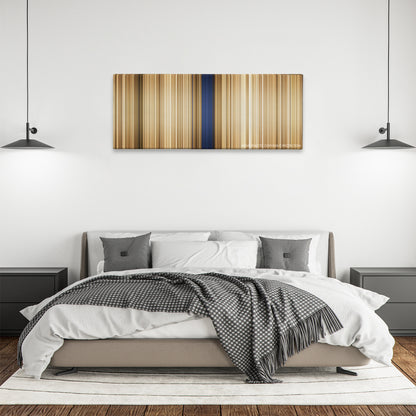 The General color palette canvas above a bed, between two black pendant lamps