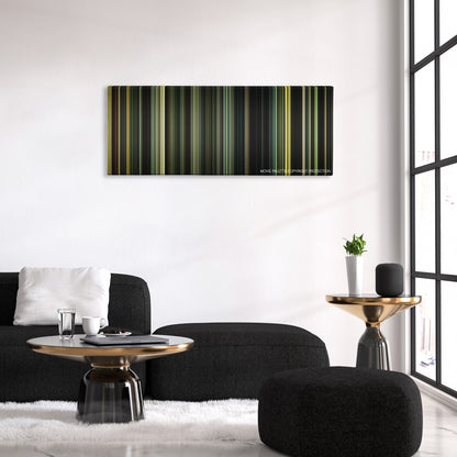 The Lost City of Z color palette canvas above a black sofa with a gold-topped table