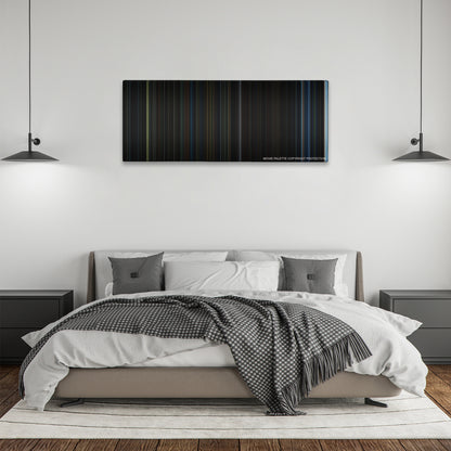 Dark City color palette canvas above a bed, between two black pendant lamps