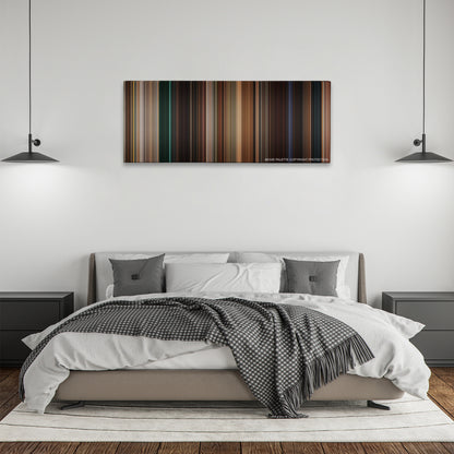 Drag Me to Hell color palette canvas above a bed, between two black pendant lamps