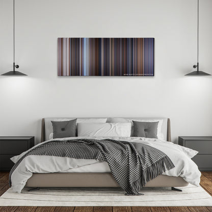 The World Is Not Enough color palette canvas above a bed, between two black pendant lamps