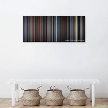 Unfaithful color palette canvas above a white bench with three woven baskets