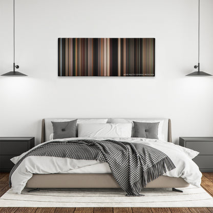 Risky Business color palette canvas above a bed, between two black pendant lamps