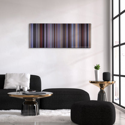 The 40-Year-Old Virgin color palette canvas above a black sofa with a gold-topped table