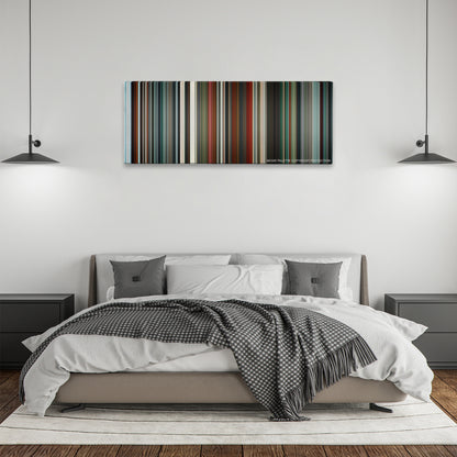 Hanna color palette canvas above a bed, between two black pendant lamps