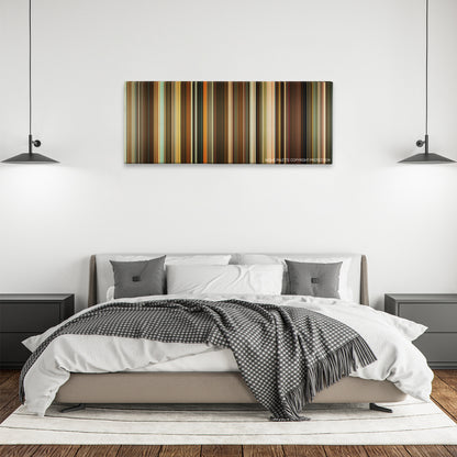 How to Be Single color palette canvas above a bed, between two black pendant lamps
