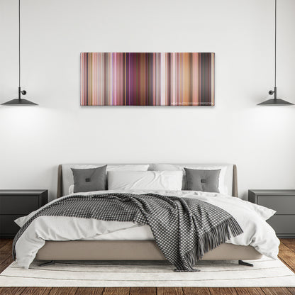 A Cinderella Story color palette canvas above a bed, between two black pendant lamps