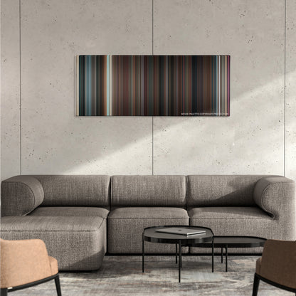 Hot Tub Time Machine color palette canvas on a concrete wall above a gray sectional sofa
