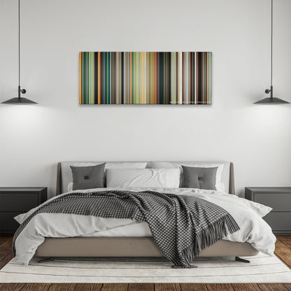 Bolt color palette canvas above a bed, between two black pendant lamps