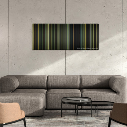 The Lost City of Z color palette canvas on a concrete wall above a gray sectional sofa