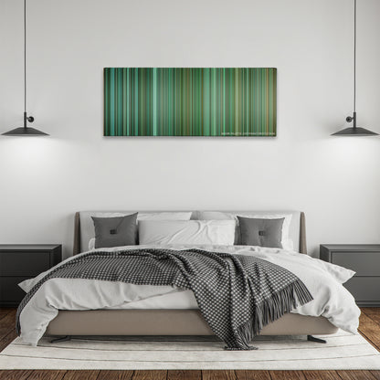 Unstoppable color palette canvas above a bed, between two black pendant lamps