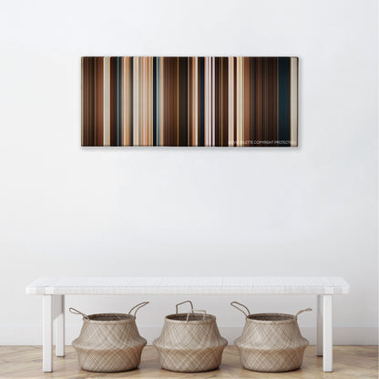 The Searchers color palette canvas above a white bench with three woven baskets