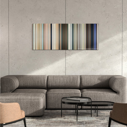 Baywatch color palette canvas on a concrete wall above a gray sectional sofa